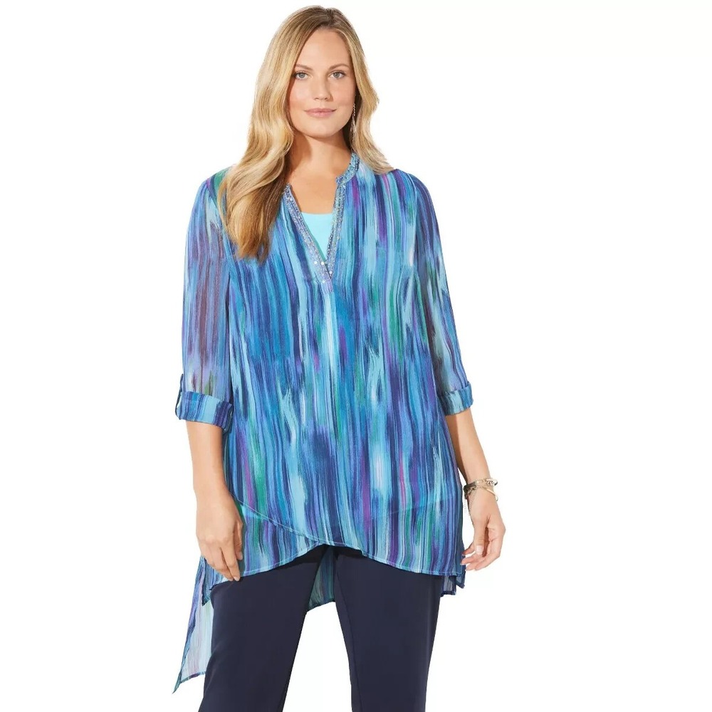 Catherines Womens Chiffon Tunic Top Size 3X Blue Beauty‎ Striped Asymmetric